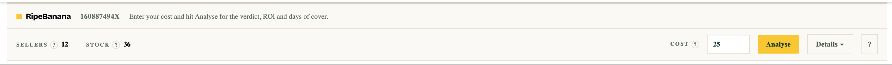The RipeBanana strip on an Amazon product page: 12 sellers, 36 units of competing stock, a cost box and an Analyse button.