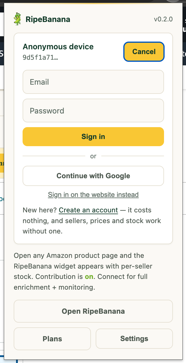 The RipeBanana toolbar popup with the sign-in form and a Continue with Google button.