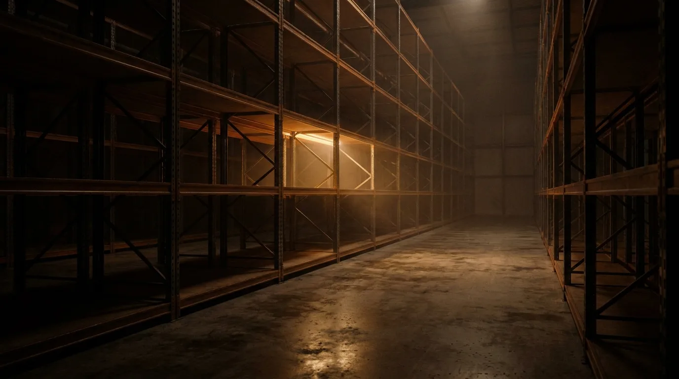 A dark warehouse aisle with one shelf glowing ripe gold — the signal that supply is thinning.