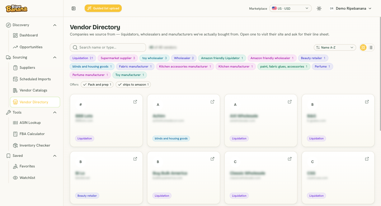The Vendor Directory inside RipeBanana: vendor cards filtered by type — liquidators, wholesalers, manufacturers and more. Supplier names are blurred.